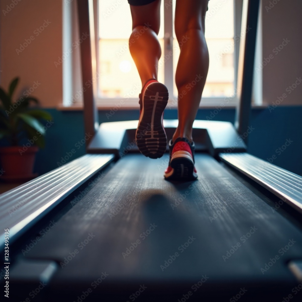 Fototapeta premium Feet pounding the belt of a running treadmill in slow motion, sports equipment, motion effects, movement