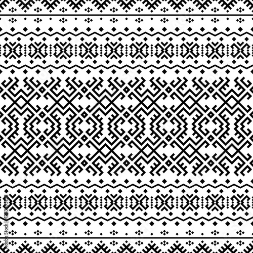 Inspired by indigenous art, this seamless black and white horizontal pattern features bold geometric repetition, perfect for fashion, packaging, and decorative designs.