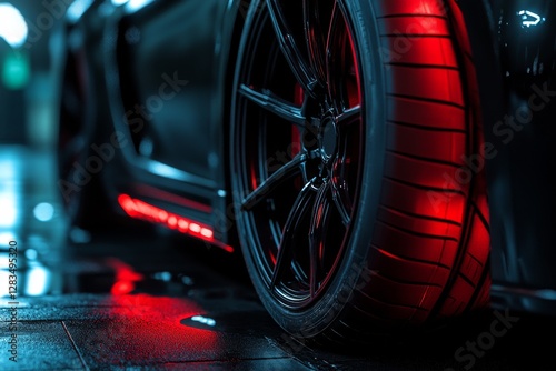 Black sports car with red underglow parked in a dimly lit garage showcasing stylish wheels and reflective tiles photo