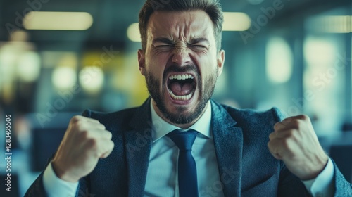 A businessman shouting in anger, hands clenched, stress and fatigue obvious photo