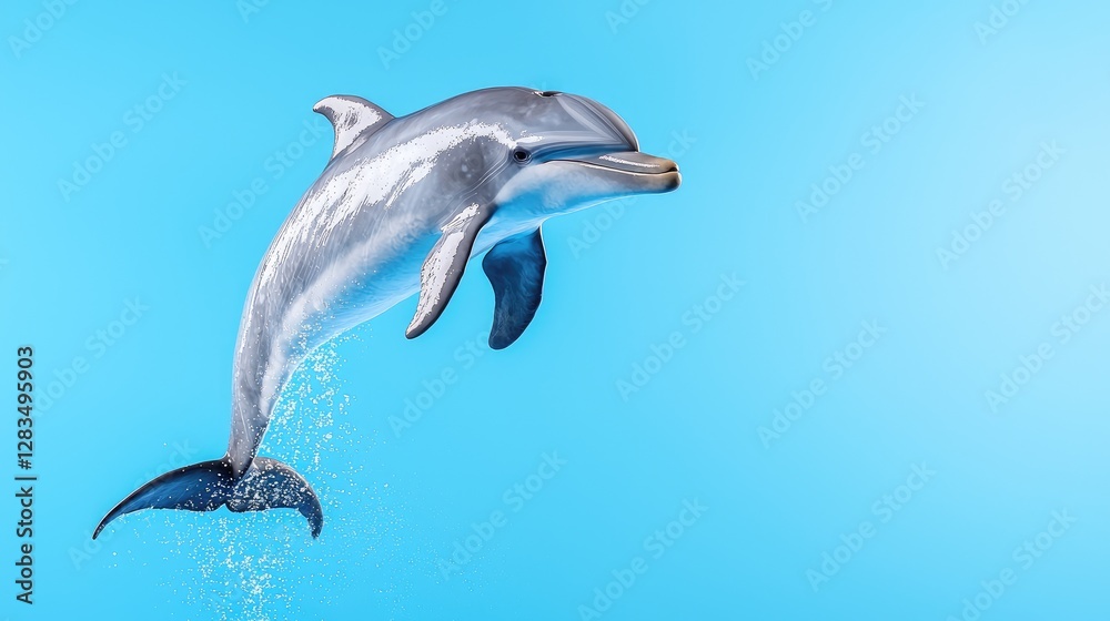 Fototapeta premium Bottlenose dolphin leaping high out of the water with splashes against a clear blue background.