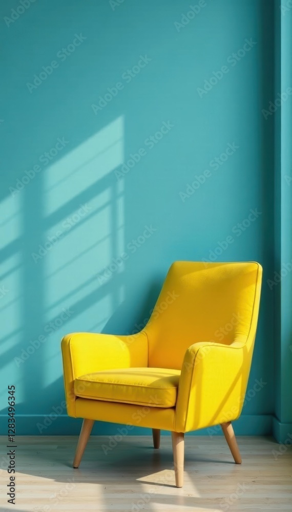 Bold yellow armchair pops against a calming blue backdrop Elegant interior setting , style, cool Bold yellow armchair pops against a calming blue backdrop Elegant interior setting , style, cool