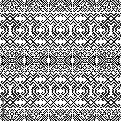 Black and white seamless tribal pattern with geometric square motifs, inspired by Aztec, Inca, and Navajo art. Perfect for backgrounds, textiles, and digital designs.