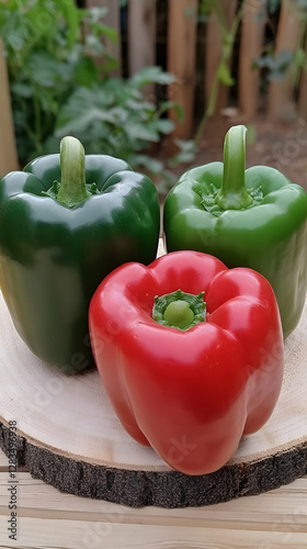 Two red peppers and two green bell peppers on the table

