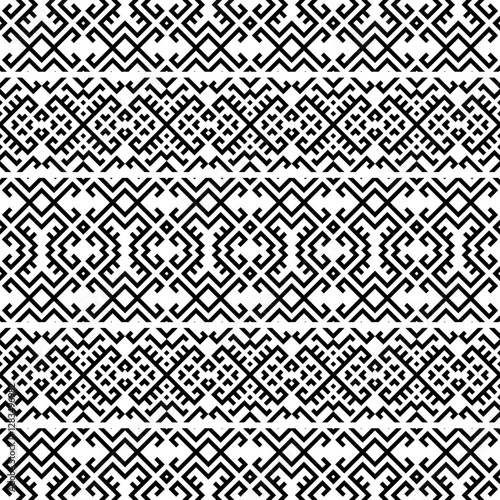 A striking horizontal seamless pattern with intricate tribal-inspired geometric designs in black and white. Great for branding, packaging, and home decor.