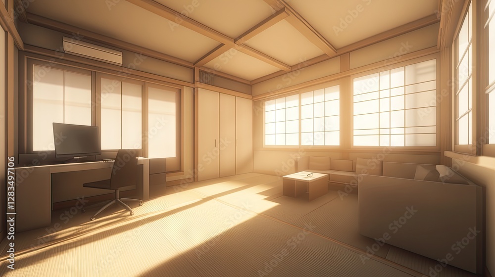 Fototapeta premium A modern and minimalist workspace beside a neutral-colored couch, blending style with functionality.