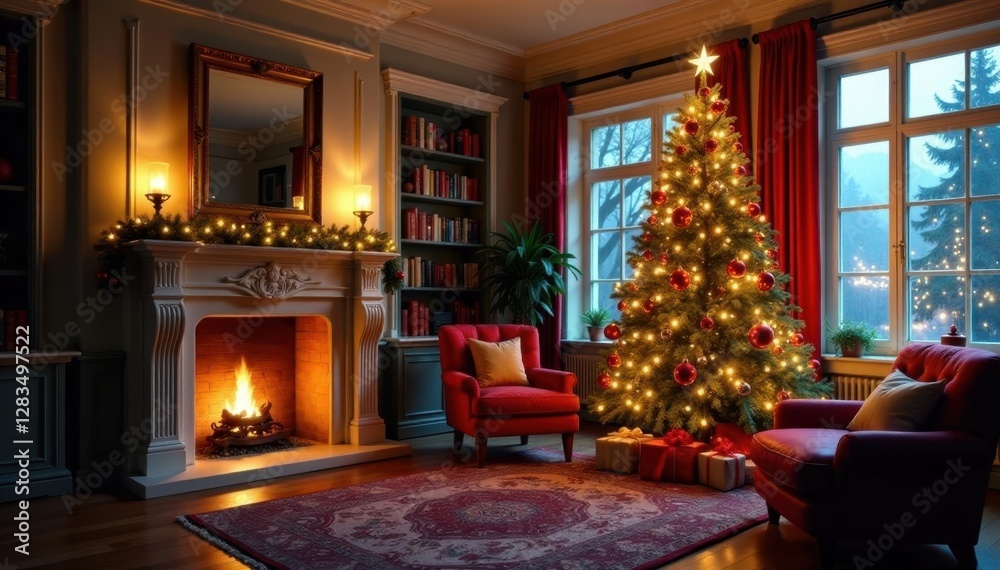 Elegant living room, ornate fireplace & sparkling Christmas tree , mantel, decoration, luxury home Elegant living room, ornate fireplace & sparkling Christmas tree , mantel, decoration, luxury home