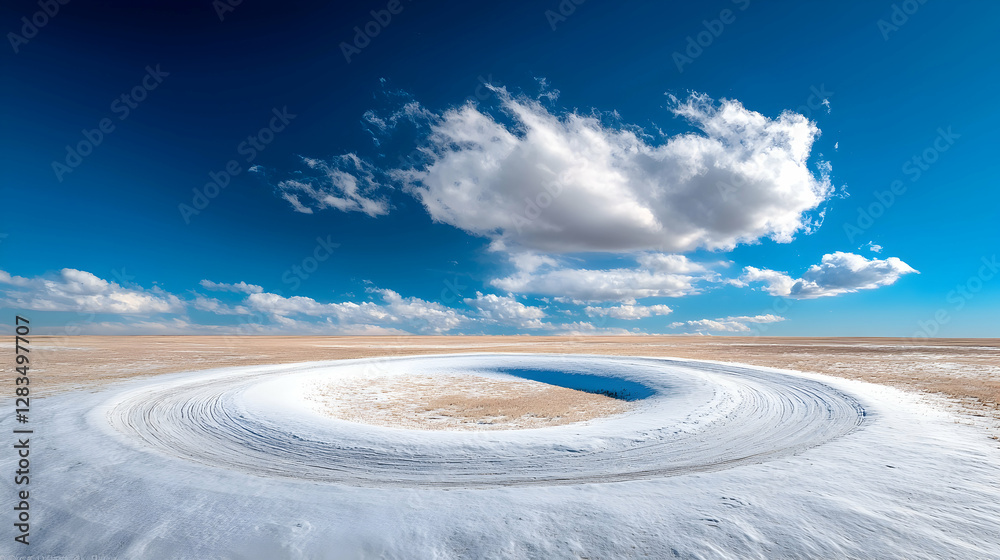 Fototapeta premium Circular salt formation rests on a vast desert flat under a bright blue sky with white clouds.