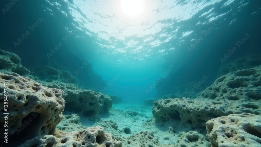 Obraz premium Sunlit underwater view of a coral reef affected by bleaching with damaged coral and clear ocean water 