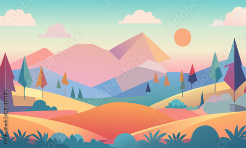 vector illustration of a colorful landscape featuring mountain with a sunset.