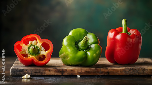 Two red peppers and two green bell peppers on the table
