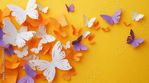 Creative Paper Art of Colorful Butterflies Fluttering on Bright Yellow Backdrop
