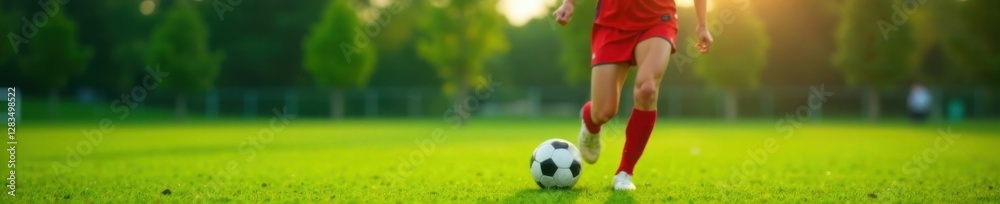 Female player dribbling football on green grass field with confident stance , grass, field, dribble Female player dribbling football on green grass field with confident stance , grass, field, dribble