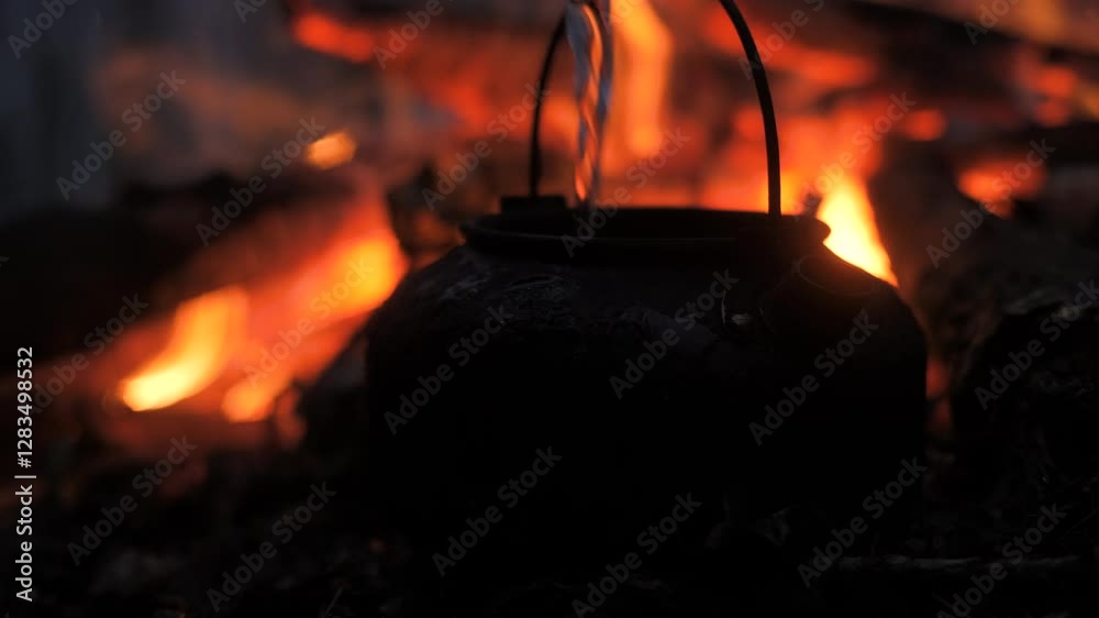 Water is being poured into a black kettle resting on a campfire. The warm glow from the flames illuminates the surrounding area, creating a cozy atmosphere in nature. Water is being poured into a black kettle resting on a campfire. The warm glow from the flames illuminates the surrounding area, creating a cozy atmosphere in nature.