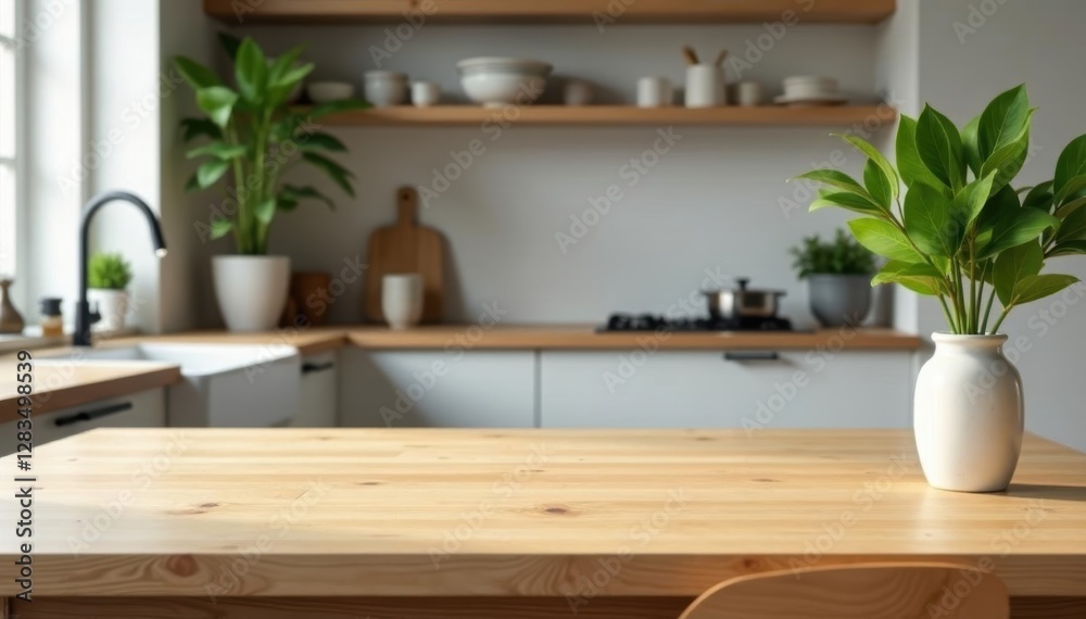 Light oak kitchen table, blurred Scandinavian backdrop, tabletop, apartment Light oak kitchen table, blurred Scandinavian backdrop, tabletop, apartment