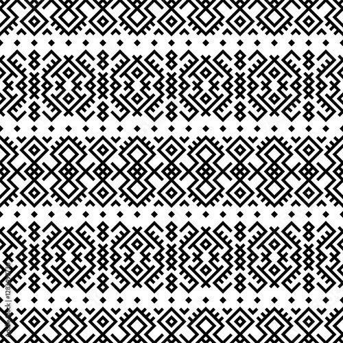 A striking horizontal seamless pattern with intricate tribal-inspired geometric designs in black and white. Great for branding, packaging, and home decor.