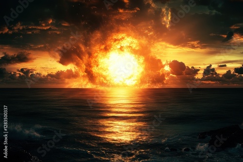 Vibrant sunset over ocean with dramatic clouds and fiery colors reflecting on water photo