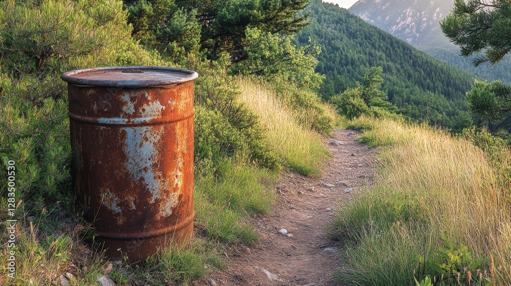 Discarded rusty barrel along scenic mountain trail nature landscape outdoor environment serene viewpoint Discarded rusty barrel along scenic mountain trail nature landscape outdoor environment serene viewpoint
