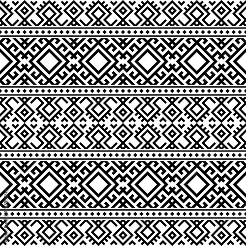 A striking horizontal seamless pattern with intricate tribal-inspired geometric designs in black and white. Great for branding, packaging, and home decor.
