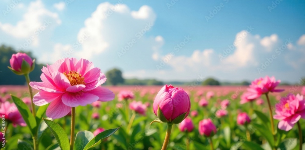 Field of peony flowers blooming , wildflowers, field, peony