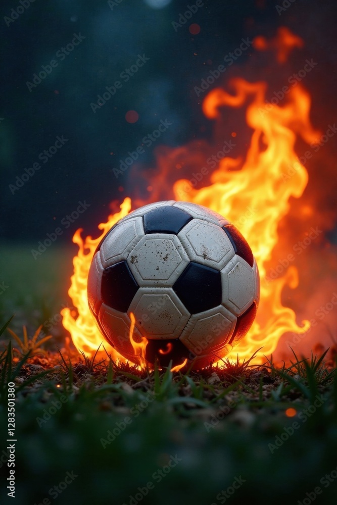 Fototapeta premium Fiery football with smoldering ashes, flames, destruction, heat