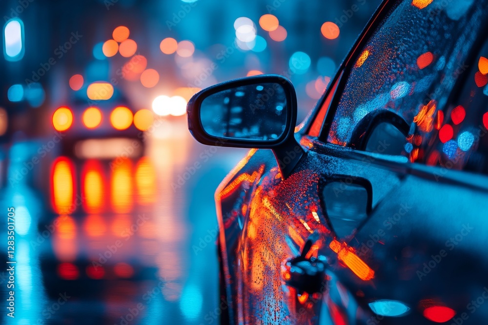 City street illuminated by colorful lights at night with wet pavement reflecting vibrant colors and a parked car in the foreground City street illuminated by colorful lights at night with wet pavement reflecting vibrant colors and a parked car in the foreground