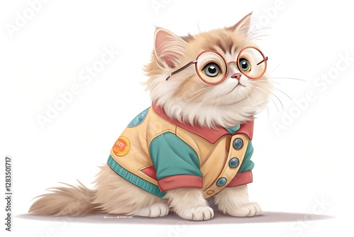 Adorable Cat Wearing a Jacket and Glasses on White Background