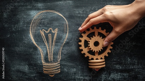 Hand turning wooden gear next to drawn lightbulb on chalkboard