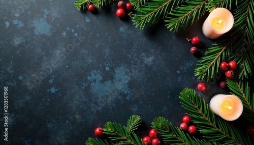 Fir branch arrangement on dark shale background with candles and evergreen elements, dark shale, evergreen, fir branches