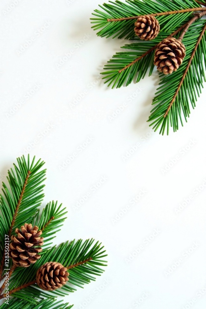 Fototapeta premium Fir branch arrangement with pine cones, natural background, festive, trees, winter wonderland