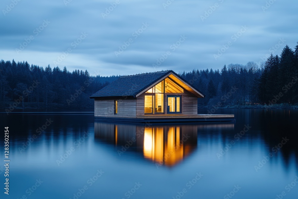 Obraz premium Serene lakeside cabin at dusk with warm light reflecting on water