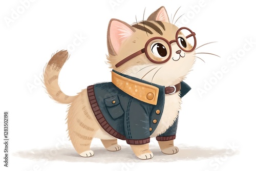 Adorable Cat Wearing a Jacket and Glasses on White Background