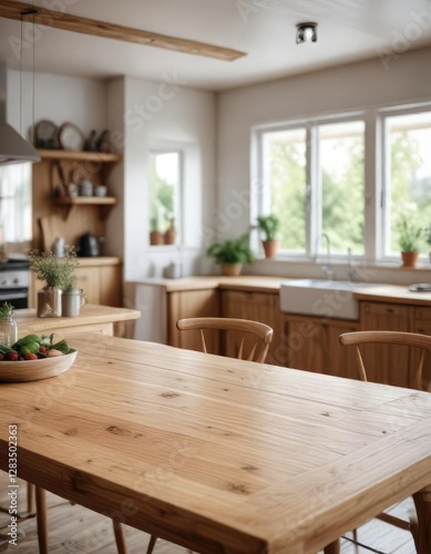 A large wooden table set against the backdrop of a blurred Scandinavian kitchen, blurred background, modern kitchen, kitchen furniture