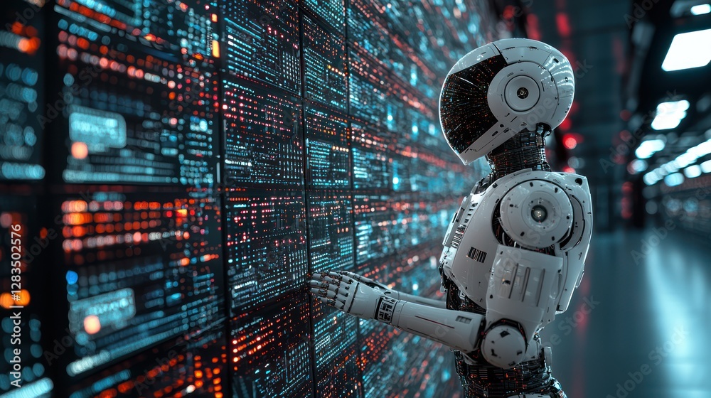 Robot analyzing data wall in server room, AI future Robot analyzing data wall in server room, AI future