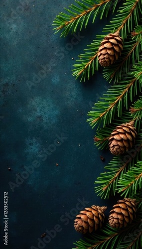 Fir branches with pinecones and greenery on dark shale background, winter, earthy, holly