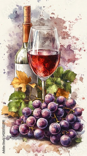 Watercolor Wine Bottle, Glass, Grapes, Autumnal Background