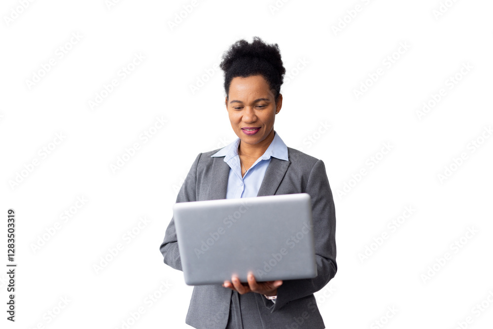 Successful African American entrepreneur typing on a handheld laptop Successful African American entrepreneur typing on a handheld laptop