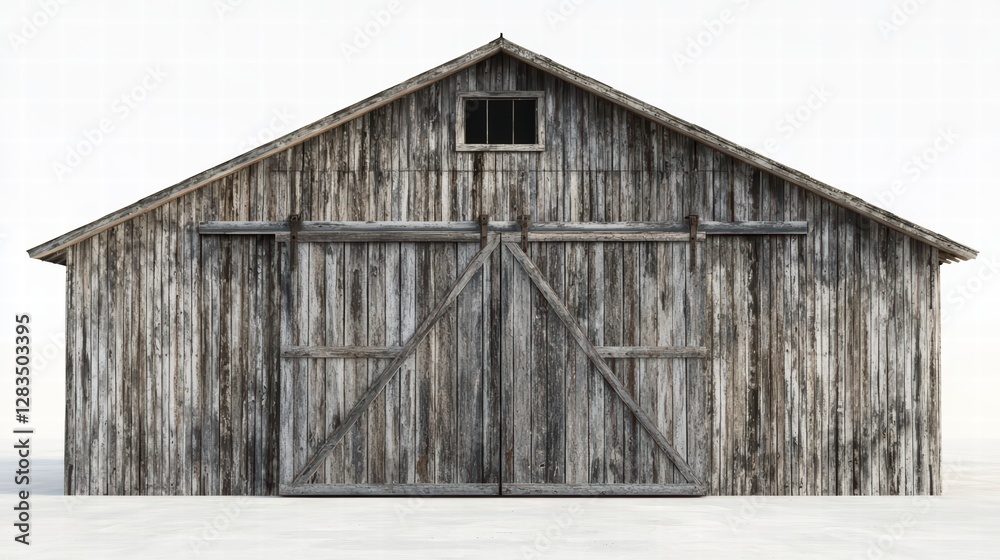 Weathered Barn: This image presents a rustic barn, characterized by weathered wooden walls and a traditional pitched roof, and a sliding door. The simple beauty of rural life. Weathered Barn: This image presents a rustic barn, characterized by weathered wooden walls and a traditional pitched roof, and a sliding door. The simple beauty of rural life.