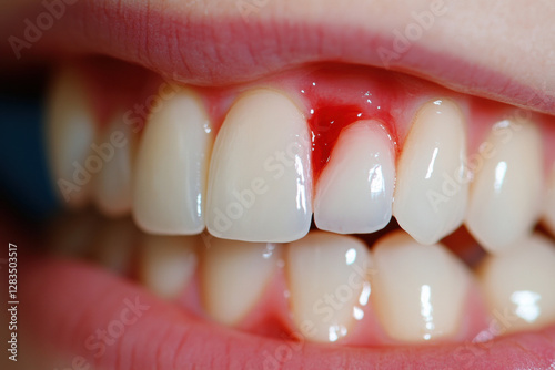 Dental problem, Close-up image of swollen red gums indicating gingivitis, showcasing oral health issues in high fidelity.