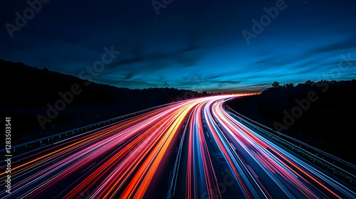 Dynamic Night Highway Traffic With Blurry Light Trails And Long Exposure