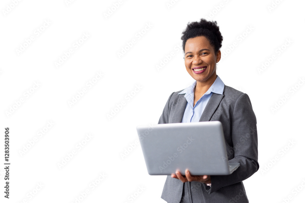 Skilled African American business leader balancing a laptop while working Skilled African American business leader balancing a laptop while working