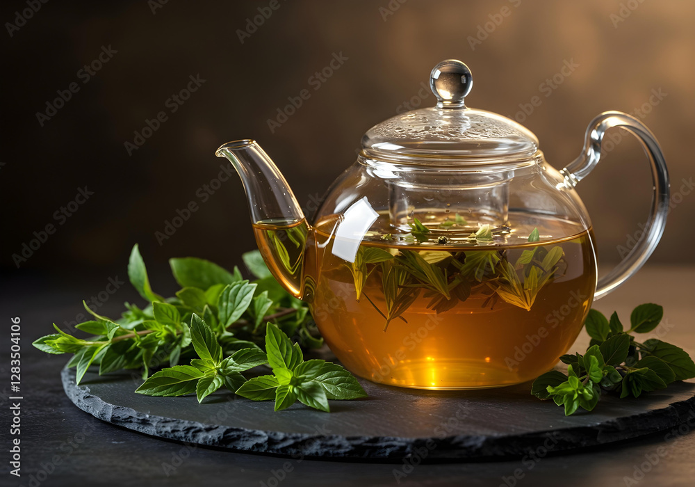 Herbal tea in a clear teapot, with soft lighting and fresh herbs, symbolizing peaceful moments of relaxation Generated with AI Herbal tea in a clear teapot, with soft lighting and fresh herbs, symbolizing peaceful moments of relaxation Generated with AI