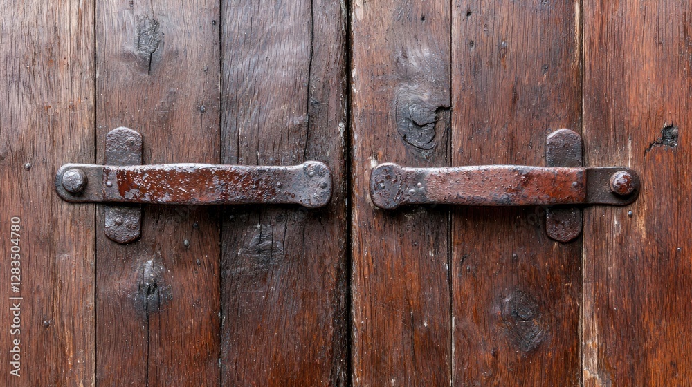 Rustic wooden door with antique iron latches Rustic wooden door with antique iron latches