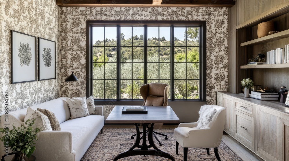 A thoughtfully designed home office in a living room, blending neutral tones, cozy seating, and artistic wallpaper. A thoughtfully designed home office in a living room, blending neutral tones, cozy seating, and artistic wallpaper.