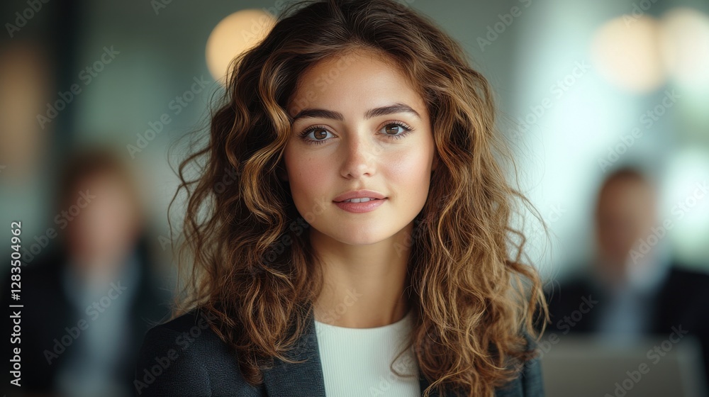Fototapeta premium Professional young woman with curly hair poses confidently in a modern office environment during a workday meeting with colleagues