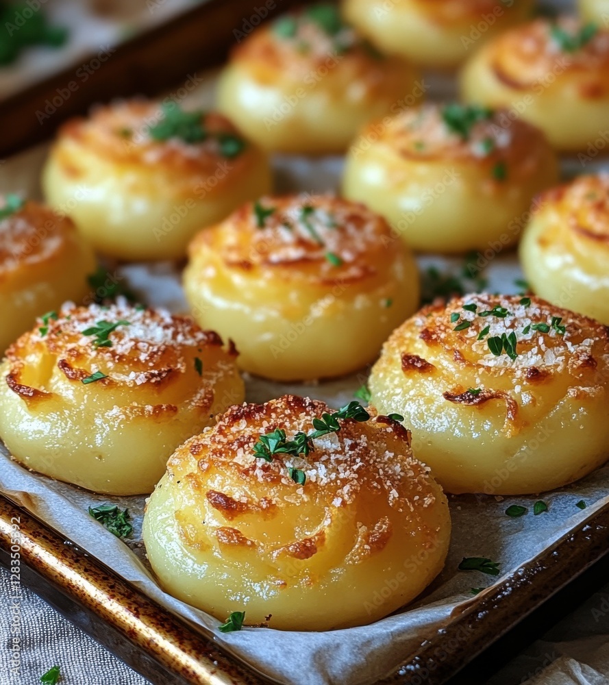 Deliciously baked potato cakes topped with golden crust and fresh herbs, arranged on a tray ready for serving Deliciously baked potato cakes topped with golden crust and fresh herbs, arranged on a tray ready for serving