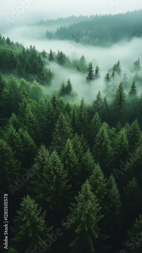 Lush green forest shrouded in mist creates a serene atmosphere in the early morning light, showcasing nature's beauty and tranquility in a mountainous region