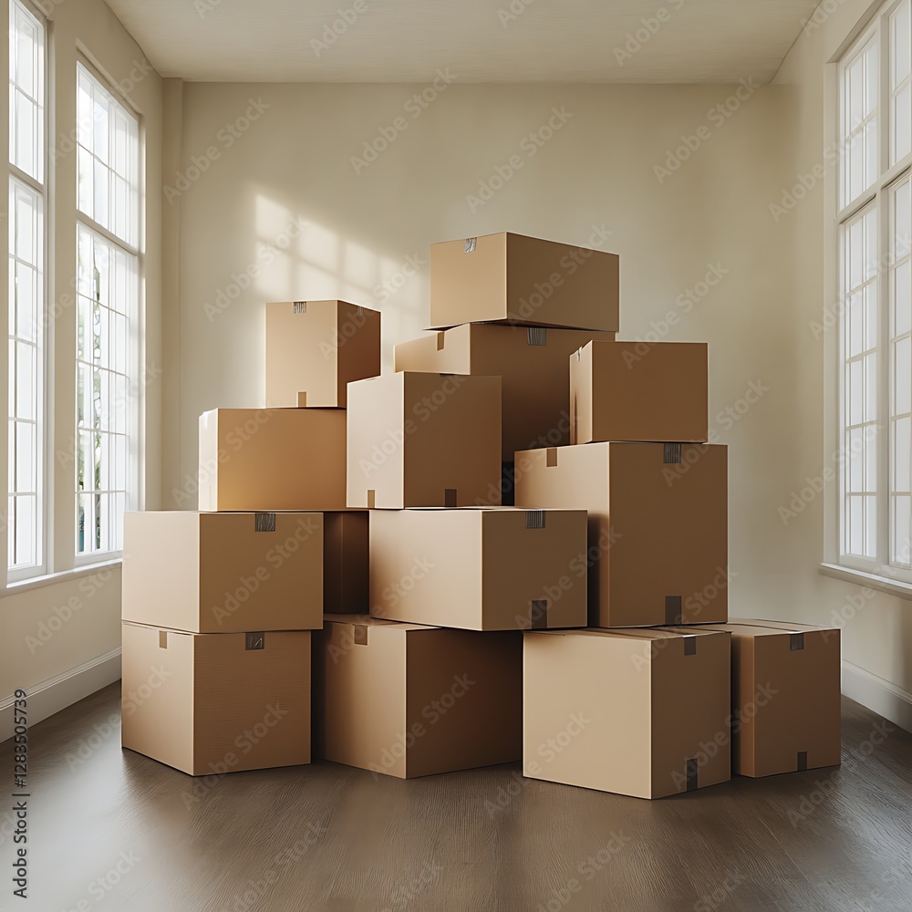 Stacked Cardboard Boxes in Empty Room Interior Stacked Cardboard Boxes in Empty Room Interior