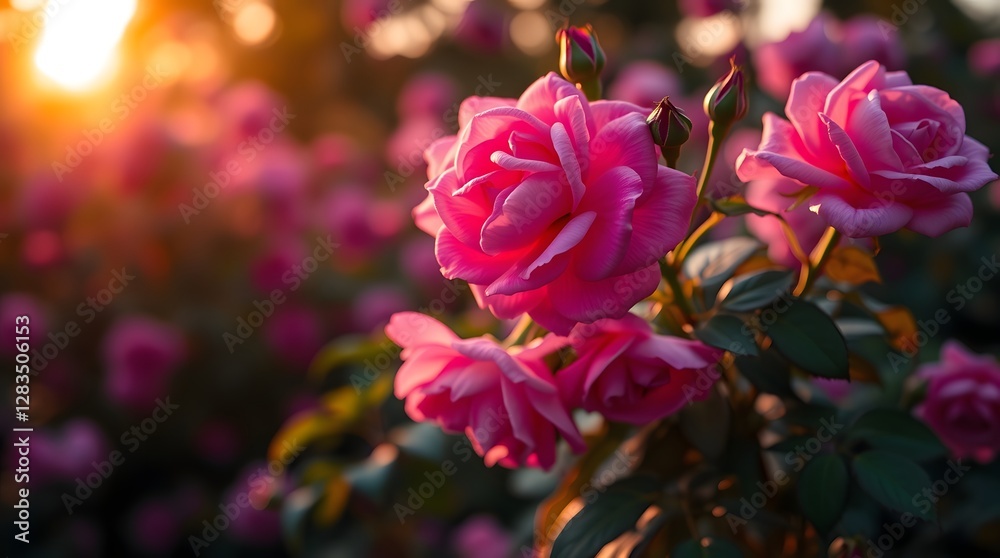 oft dreamy atmosphere, warm golden hour light. Ethereal rose bush with glowing blooms, blurred bokeh background of colorful flowers. oft dreamy atmosphere, warm golden hour light. Ethereal rose bush with glowing blooms, blurred bokeh background of colorful flowers.