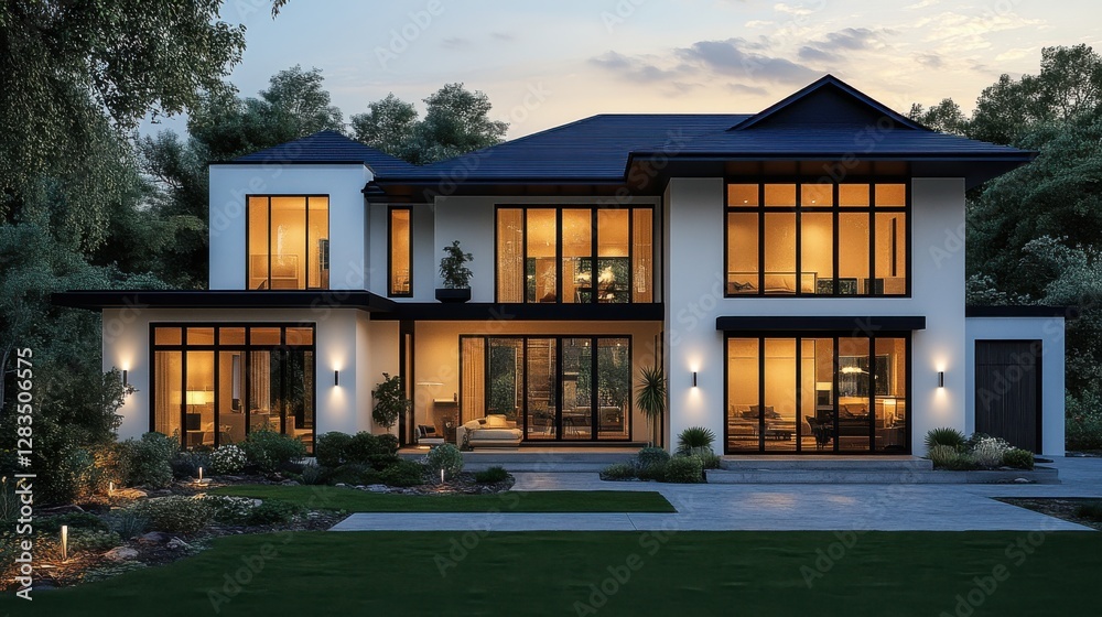 Modern two-story house with large windows illuminated at dusk surrounded by lush greenery in suburban area Modern two-story house with large windows illuminated at dusk surrounded by lush greenery in suburban area